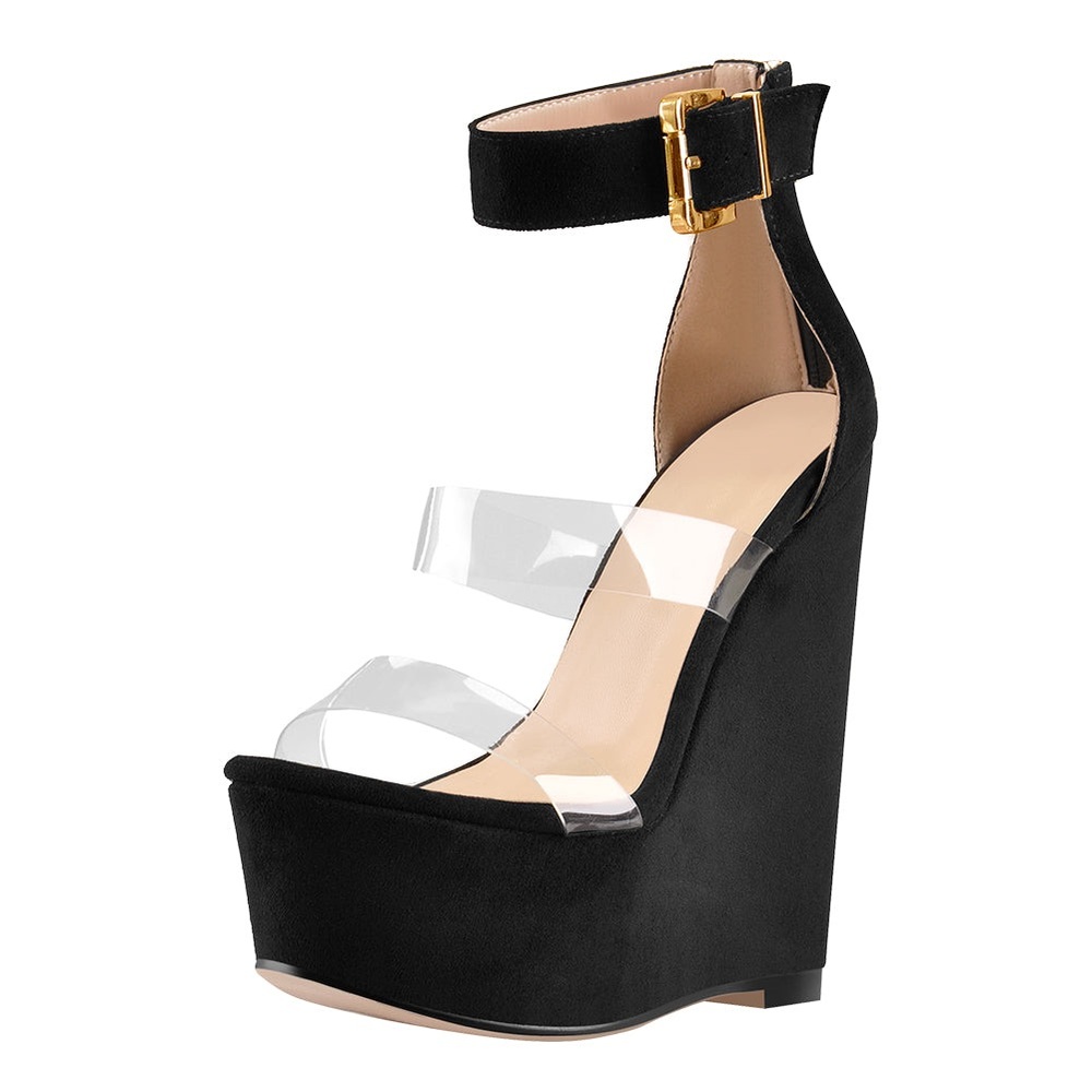 Suede Platform Black Wedge Sandals